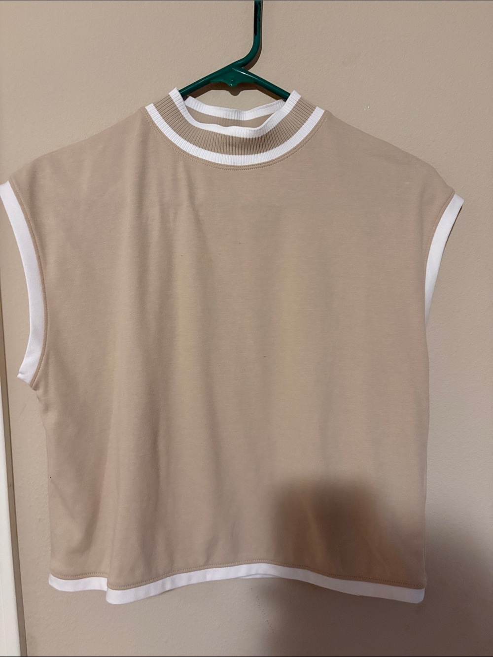 Sleeveless Mock Neck Tank in Beige with White Trim